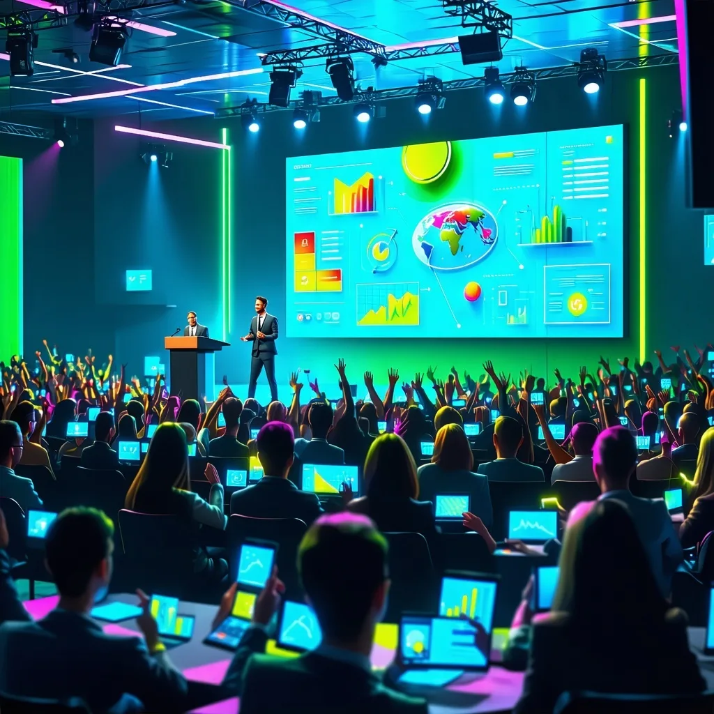 Remote attendees displayed on screen alongside an in-room hybrid event audience