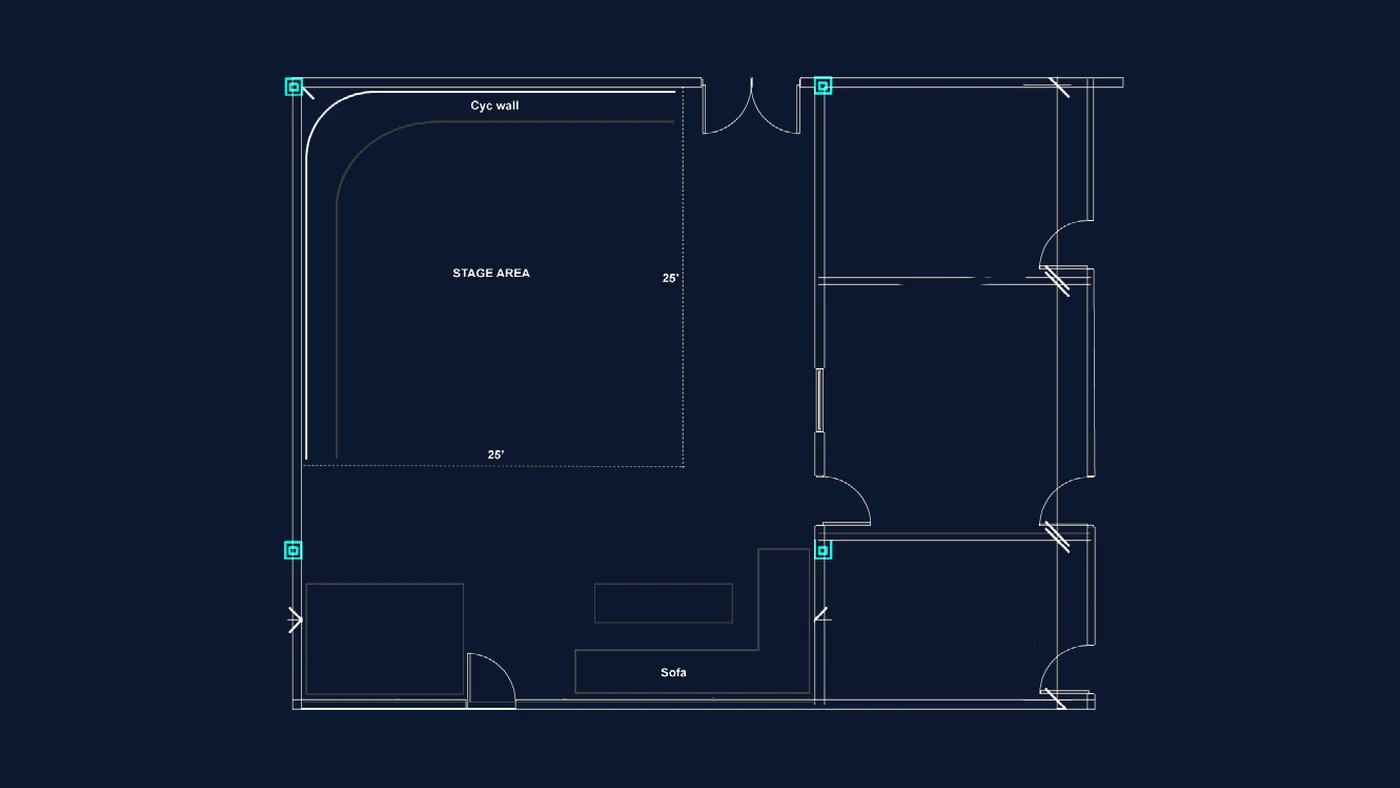 Floor plan of the Stagedge studio showing the cyc wall, a 25 by 25 foot stage area, and adjacent rooms