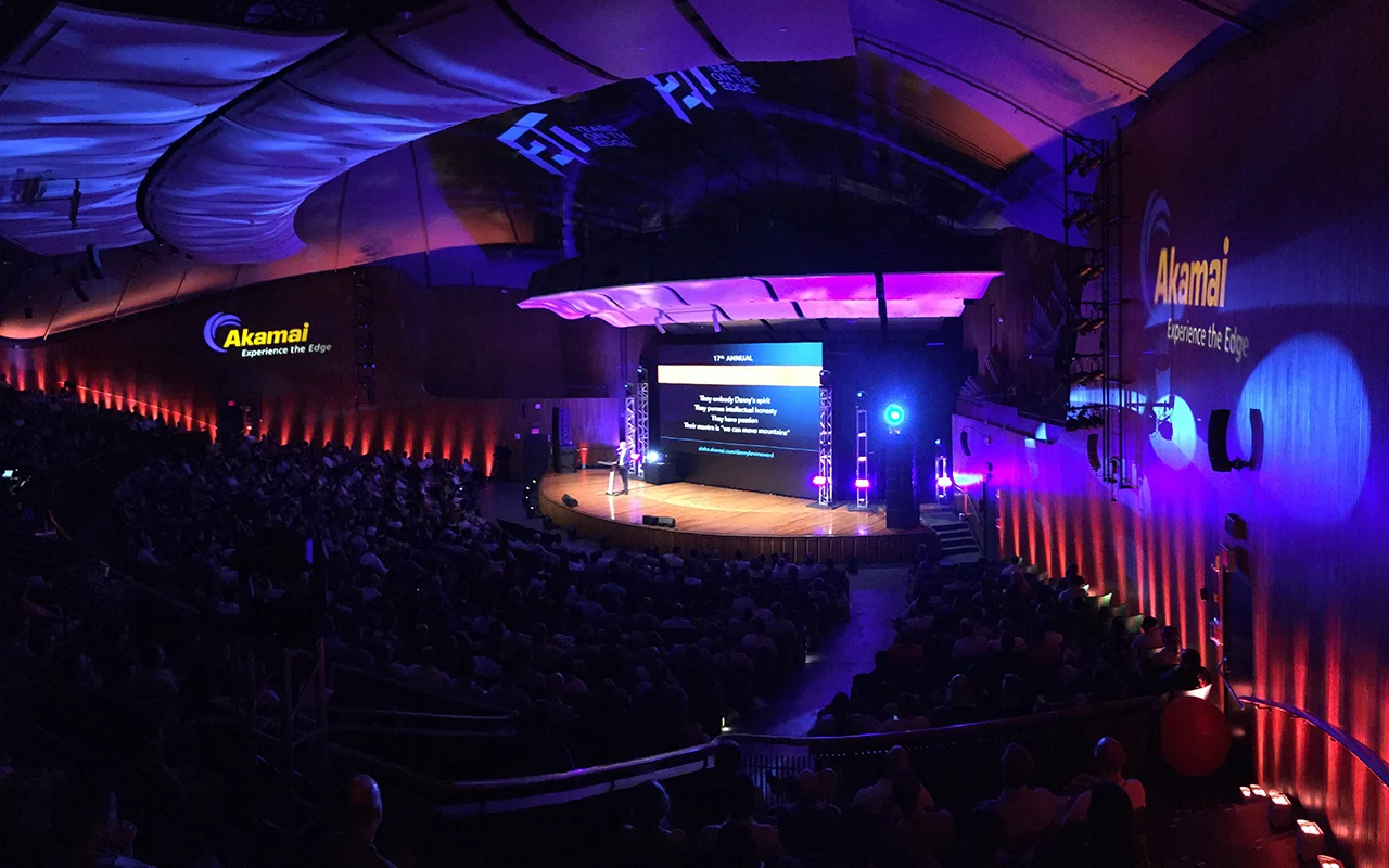 Stage and audience during the Akamai all-hands 20th anniversary celebration